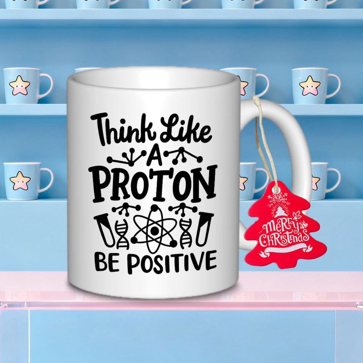 Tailorly White Ceramic 11 oz Mug - Think Like A Proton Be Positive Scientific Symbols Featuring DNA Helix And Atomic Structure With Chemical Test Tubes Atom