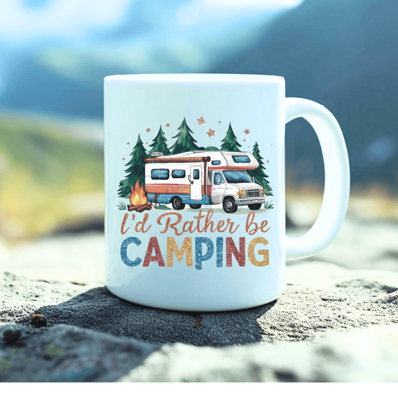 Tailorly White Ceramic 11 oz Mug - Id Rather Be Camping Vintage Motorhome Parked Among Evergreen Trees Near A Cozy Glowing Campfire Camper