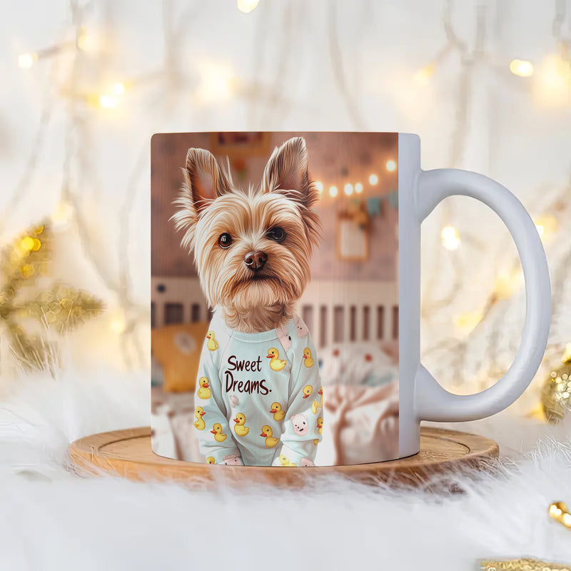 Tailorly White Ceramic 11 oz Mug - Sweet Dreams Cute Yorkshire Terrier Wearing Pajamas With Duck Patterns Sitting Calmly Dog