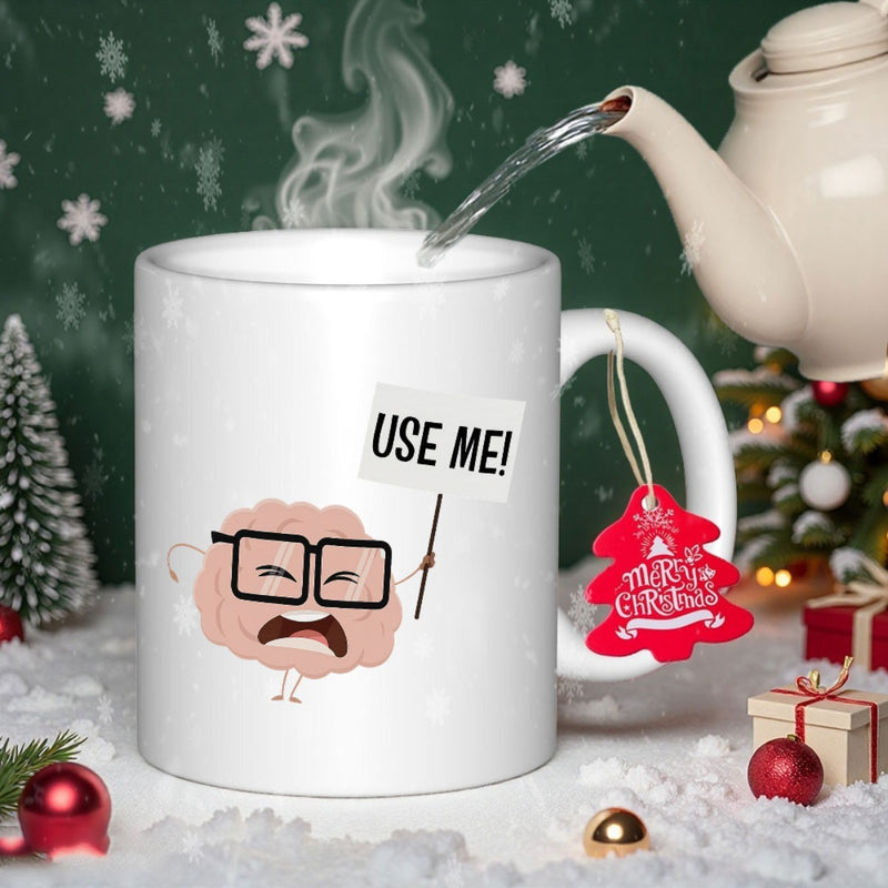 Tailorly White Ceramic 11 oz Mug - Use Me Cute Pink Cartoon Character Wearing Glasses Holding Protest Sign Brain