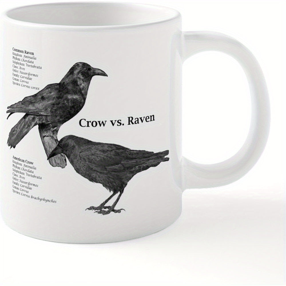 Tailorly White Ceramic 11 oz Mug - Crow Vs Raven Detailed Black And White Realistic Sketch Of Two Wild Nature Bird