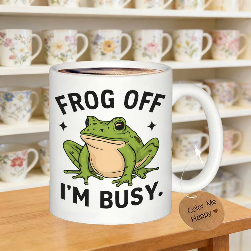 Tailorly White Ceramic 11 oz Mug - Frog Off I'm Busy Vibrant Green Cartoon Creature Sitting Peacefully With Twinkling Stars Frog