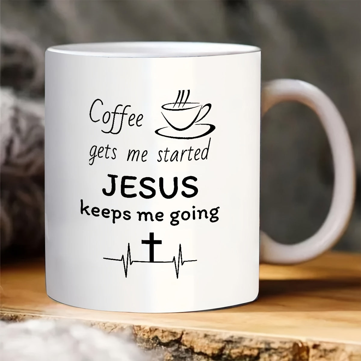 Tailorly White Ceramic 11 oz Mug - Coffee Gets Me Started Jesus Keeps Me Going Minimalist Black Ink Drawing Of Steaming Hot Beverage And Heartbeat Cross