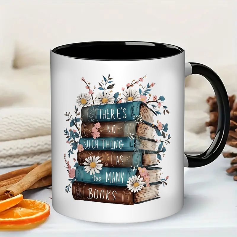Tailorly Black Accent 11 oz Mug - bookshelf daisy no such thing as too many books