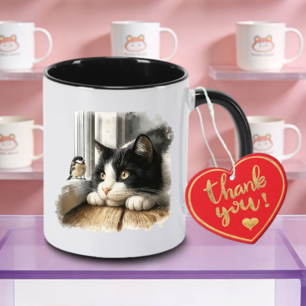 Tailorly Black Accent 11 oz Mug - Cute Cat Bird Illustration