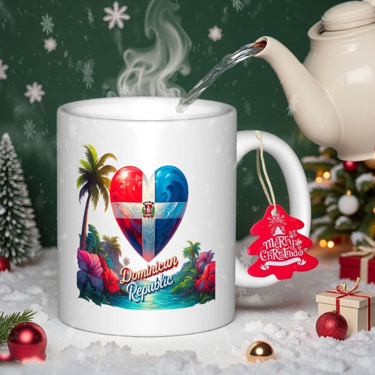 Tailorly White Ceramic 11 oz Mug - Dominican Republic Vibrant Tropical Flag Graphic With Palm Tree And Exotic Flowers Heart