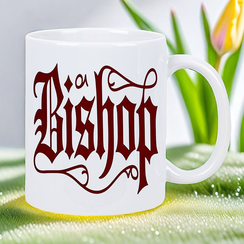 Tailorly White Ceramic 11 oz Mug - Bishop Elegant Gothic Lettering With Swirling Artistic Flourishes And Deep Crimson Script
