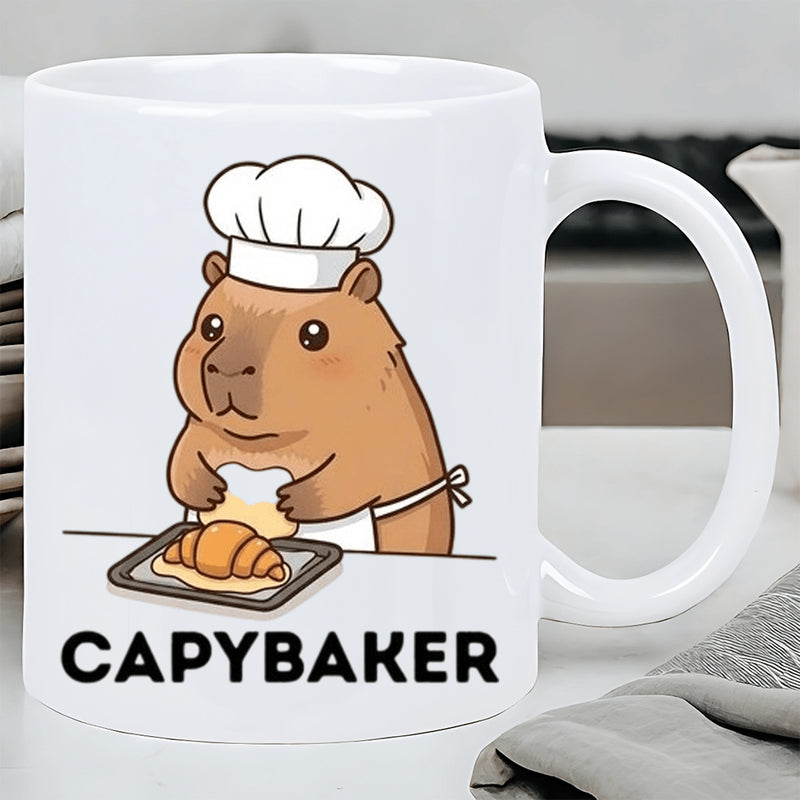 Tailorly White Ceramic 11 oz Mug - Capybaker Adorable Animal Wearing White Chef Hat Preparing Fresh French Croissant Capybara
