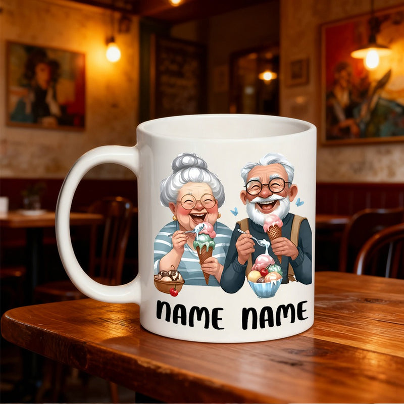 Tailorly White Ceramic 11 oz Mug - Name Name Cheerful Elderly Couple Laughing While Enjoying Sweet Cold Ice Cream Cones Grandparents
