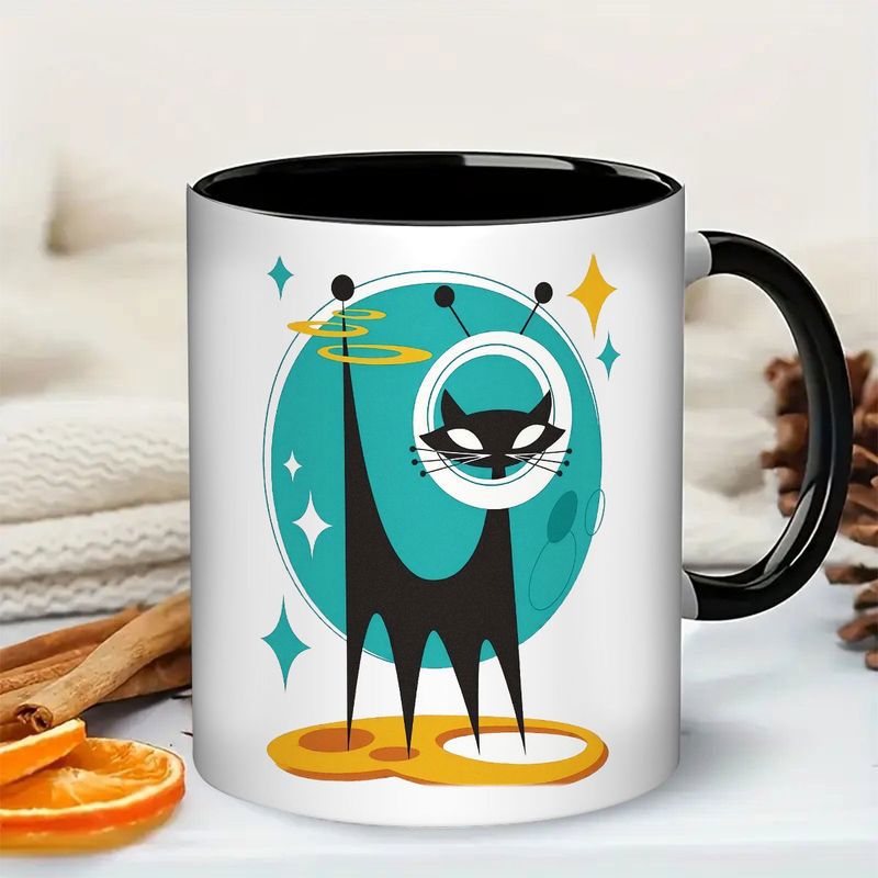Tailorly Black Accent 11 oz Mug - century modern atomic cat coffee mug retro space