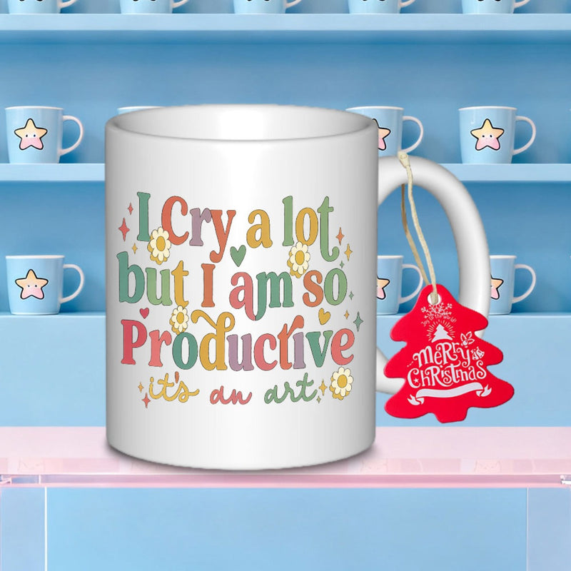 Tailorly White Ceramic 11 oz Mug - I Cry A Lot But I Am So Productive It's An Art Retro Colorful Lettering With Daisies And Hearts Mug