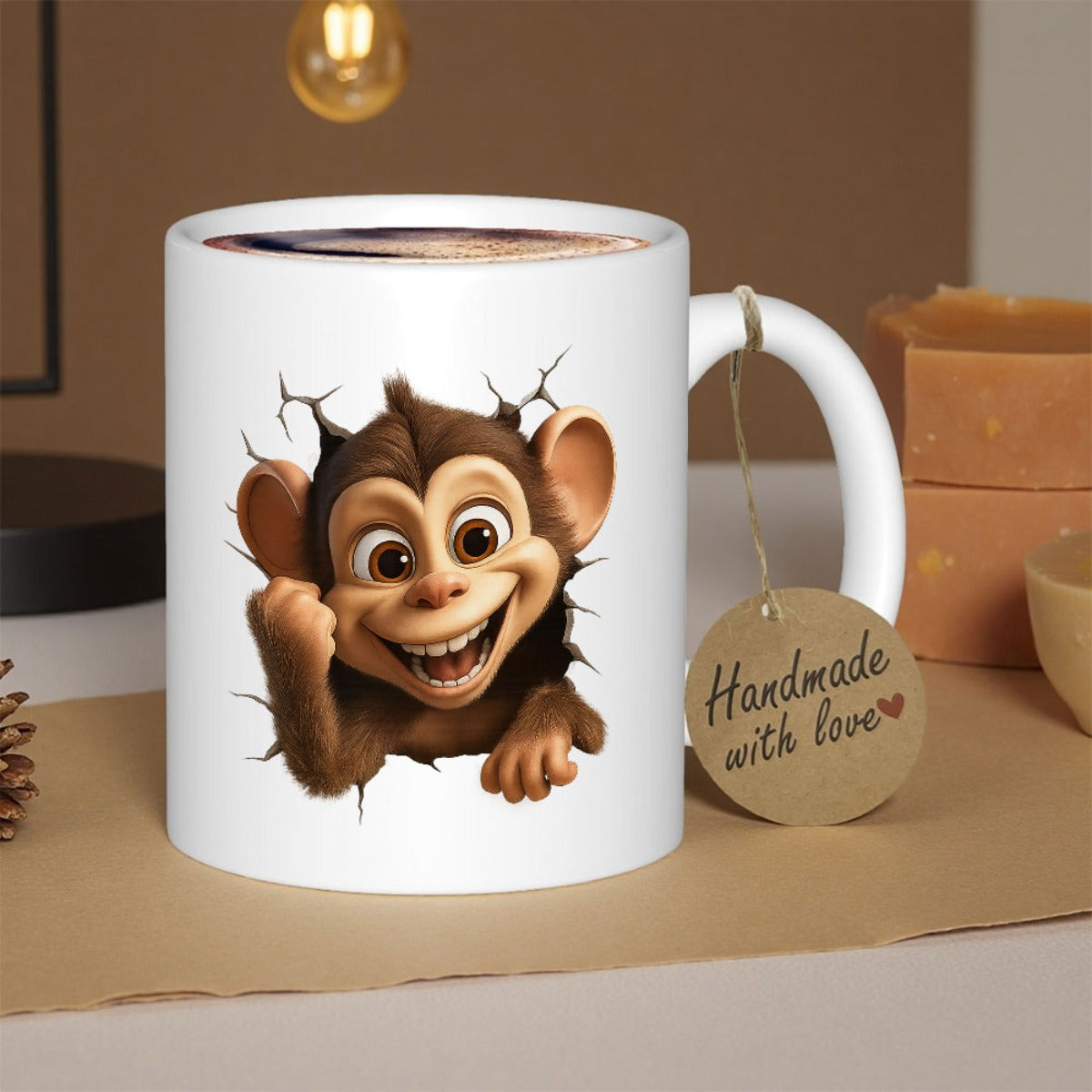 Tailorly White Ceramic 11 oz Mug - Funny Brown Animal Peeking From Inside A Realistic Cracked Wall Monkey