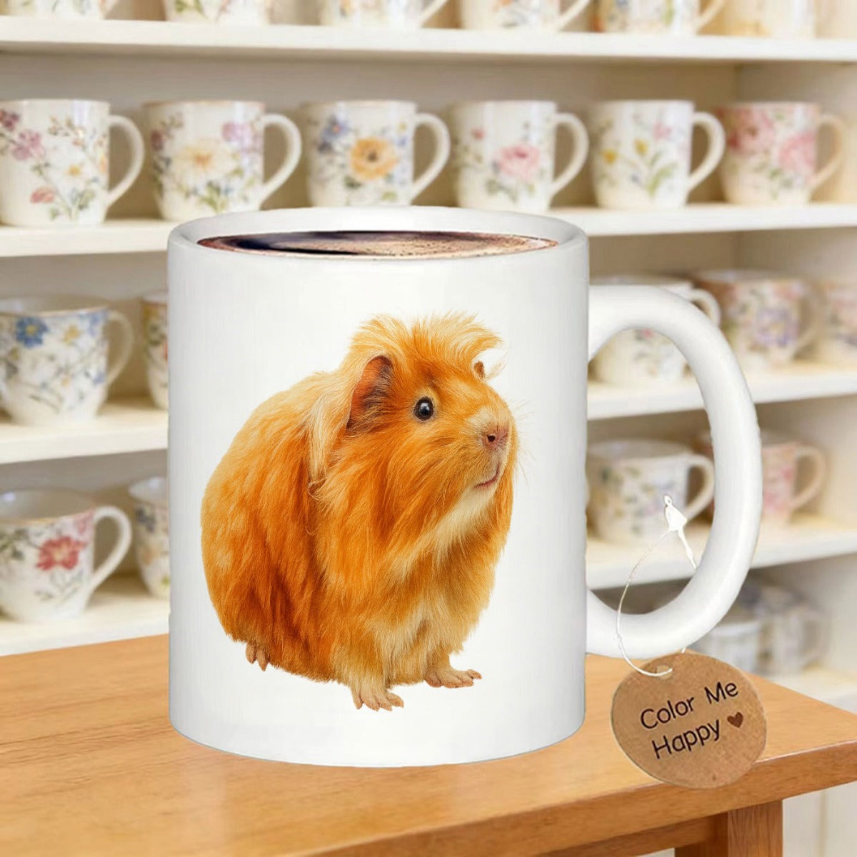 Tailorly White Ceramic 11 oz Mug - Color Me Happy Fluffy Ginger Long Haired Guinea Pig Sitting On A Guinea Pig