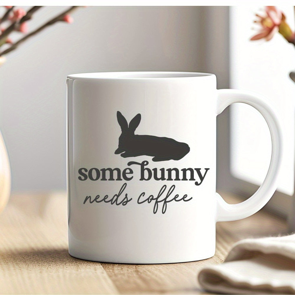 Tailorly White Ceramic 11 oz Mug - Some Bunny Needs Coffee Minimalist Solid Black Silhouette Of A Small Resting Rabbit