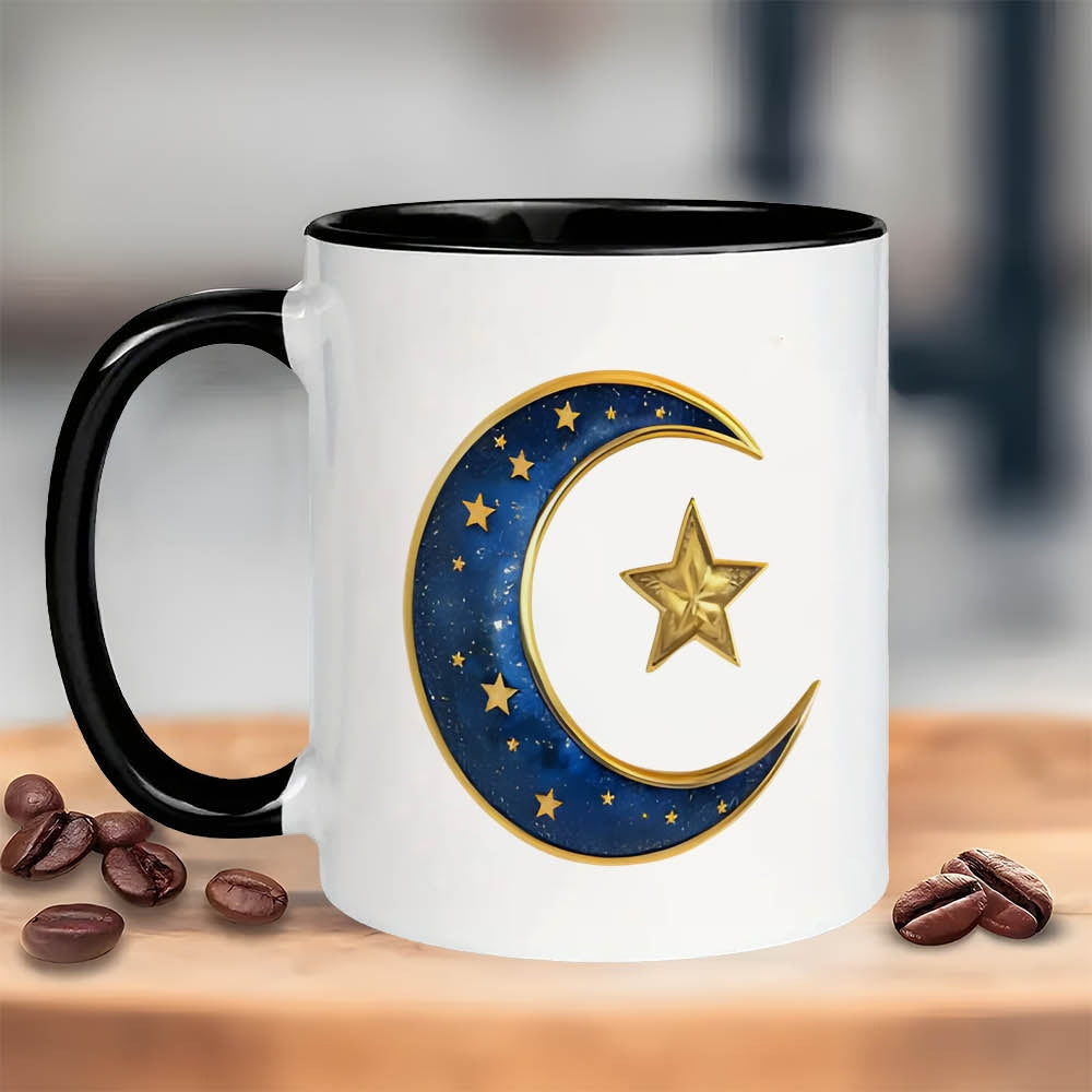 Tailorly Black Accent 11 oz Mug - blue celestial design with golden stars