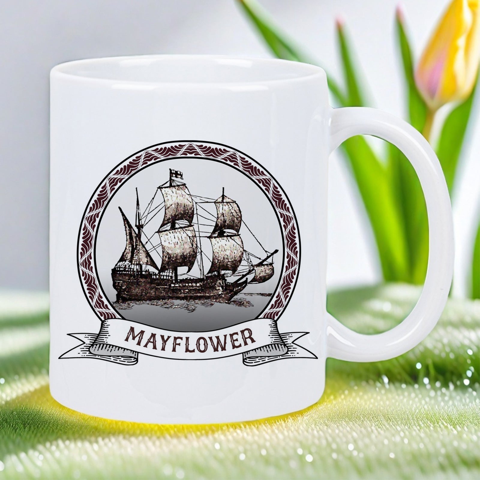 Tailorly White Ceramic 11 oz Mug - Mayflower Vintage Sailing Vessel With Wooden Masts Navigating Through Gentle Ocean Waves Ship