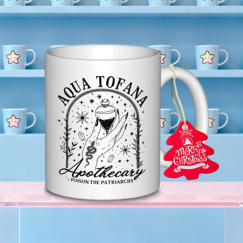 Tailorly White Ceramic 11 oz Mug - Aqua Tofana Apothecary Poison The Patriarchy Celestial Stars And Mystical Hand Holding A Decorative Poison Bottle