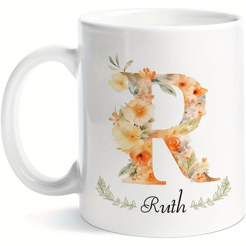 Tailorly White Ceramic 11 oz Mug - Ruth Delicate Peach Floral Elements Arranged Inside A Large Stylized Letter