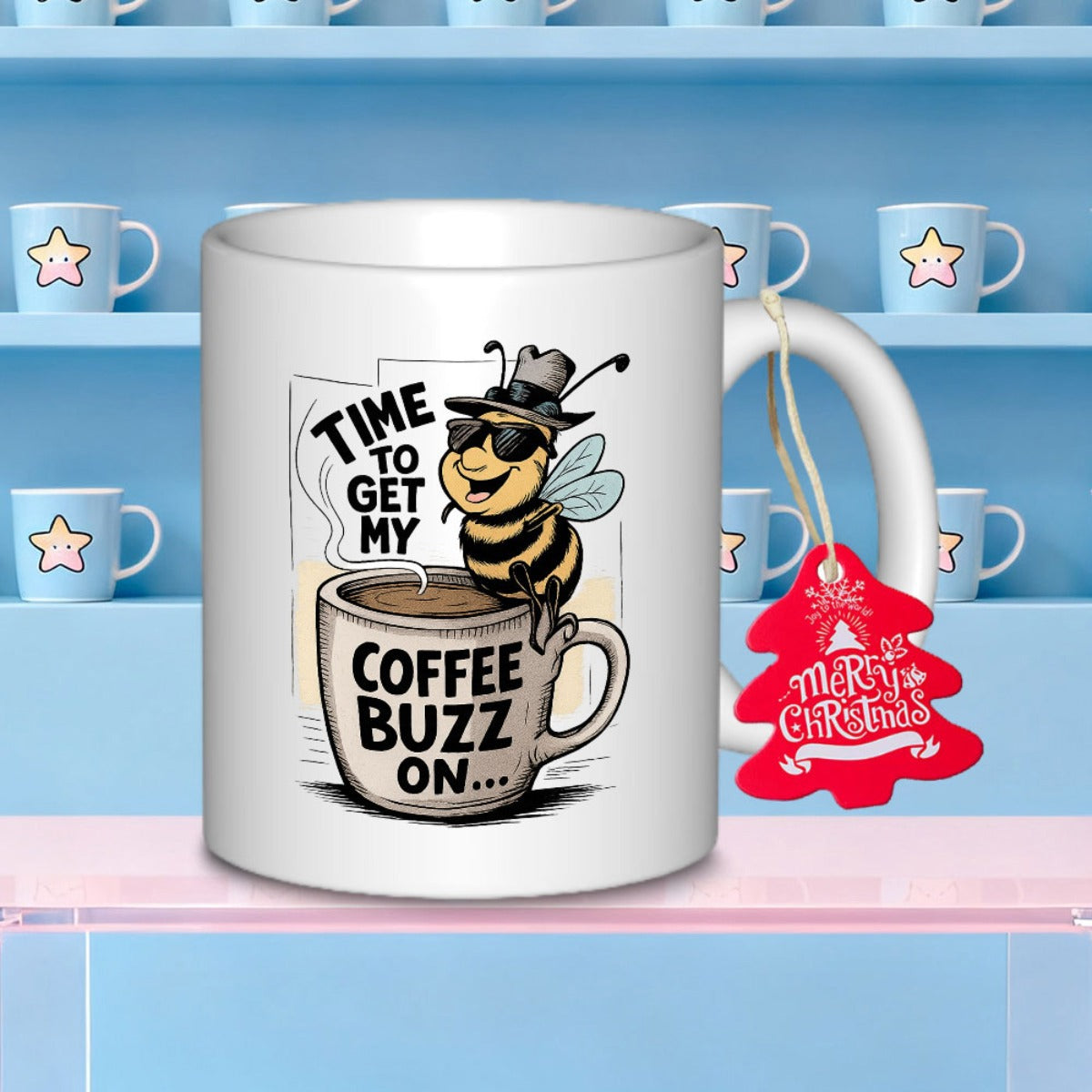 Tailorly White Ceramic 11 oz Mug - Time To Get My Coffee Buzz On Happy Cartoon Bee Wearing Sunglasses Sitting Upon Large Steaming Morning Bee