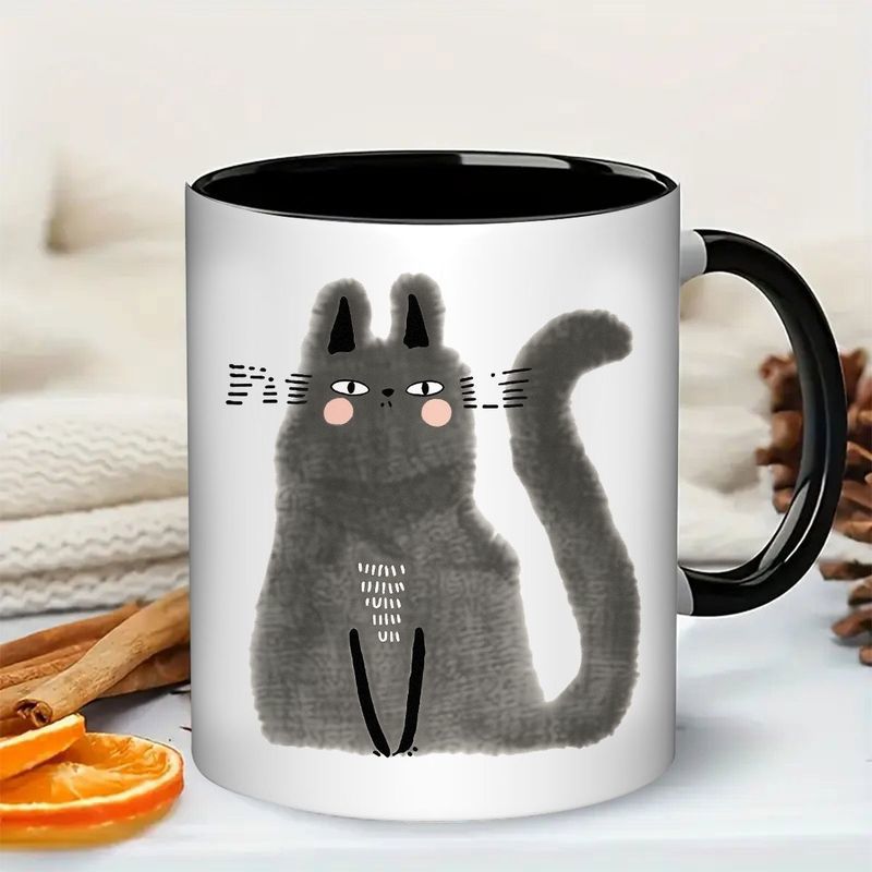 Tailorly Black Accent 11 oz Mug - cute cartoon cat with white paws