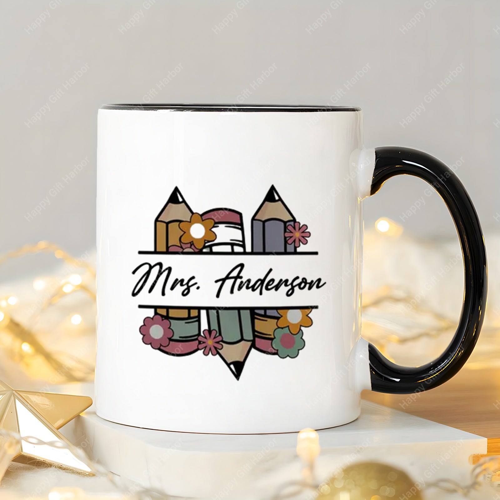 Tailorly Black Accent 11 oz Mug - floral book stack design elegant cursive lettering