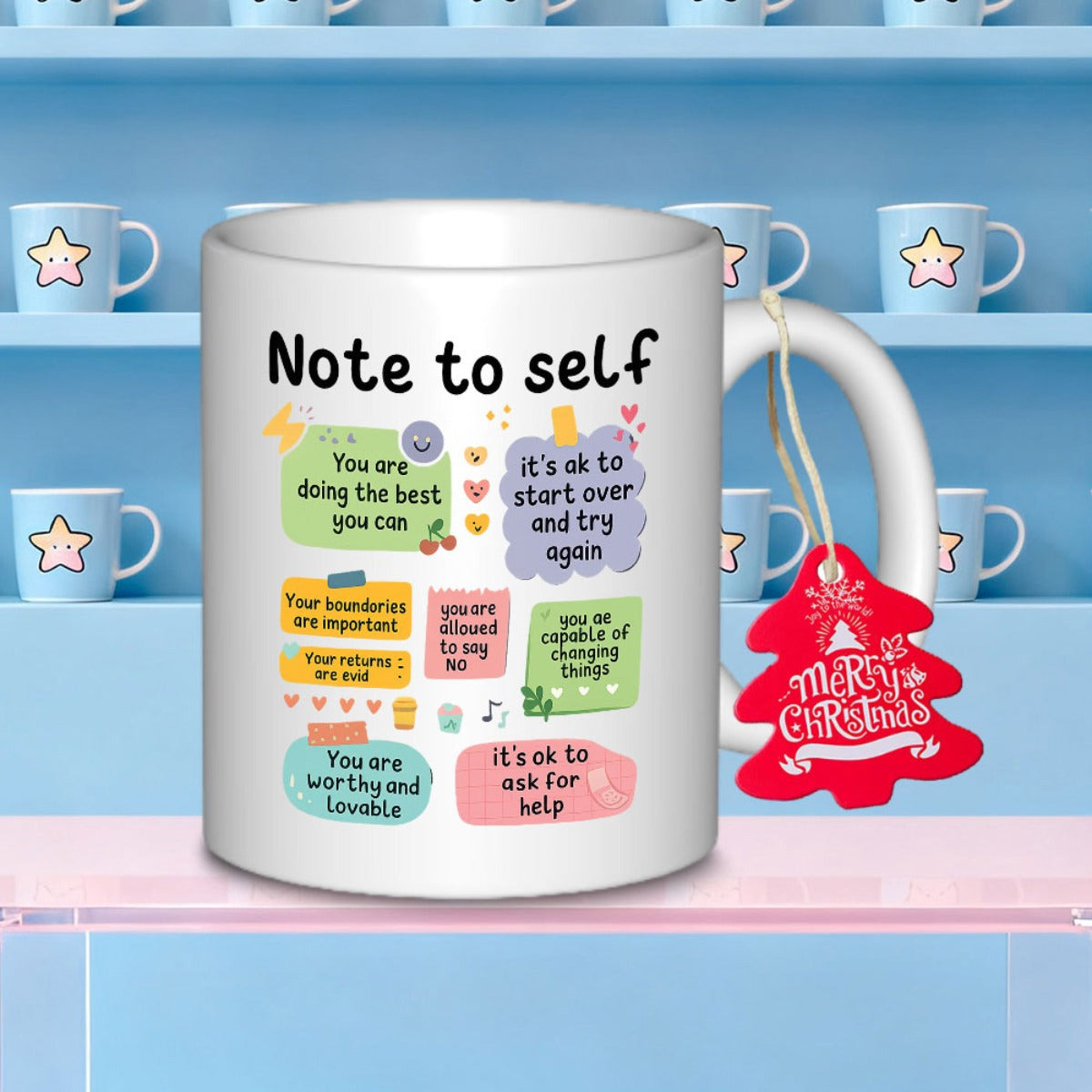 Tailorly White Ceramic 11 oz Mug - Note To Self Pastel Sticky Notes Featuring Inspirational Quotes And Cute Small Embellishments Mug