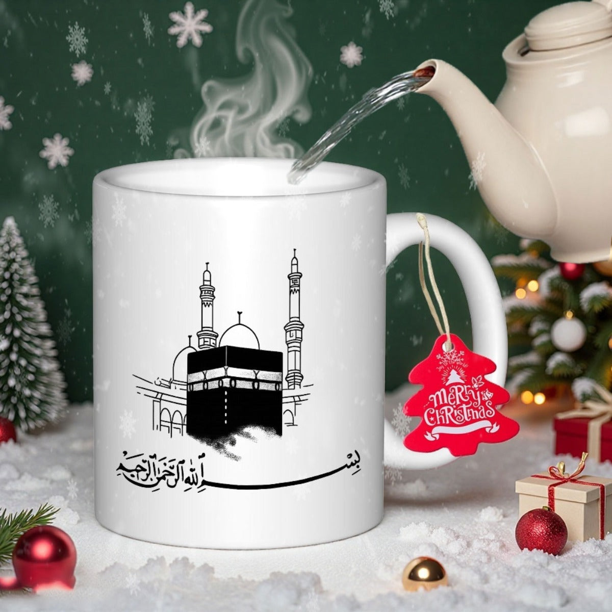 Tailorly White Ceramic 11 oz Mug - Detailed Monochrome Line Art Of Holy Islamic Architecture With Tall Minarets Kaaba