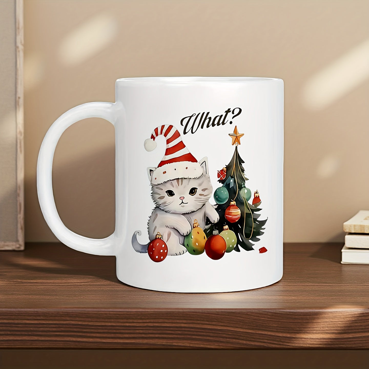 Tailorly White Ceramic 11 oz Mug - What Adorable Fluffy Gray Kitten Wearing Striped Hat Beside Decorated Holiday Pine Cat