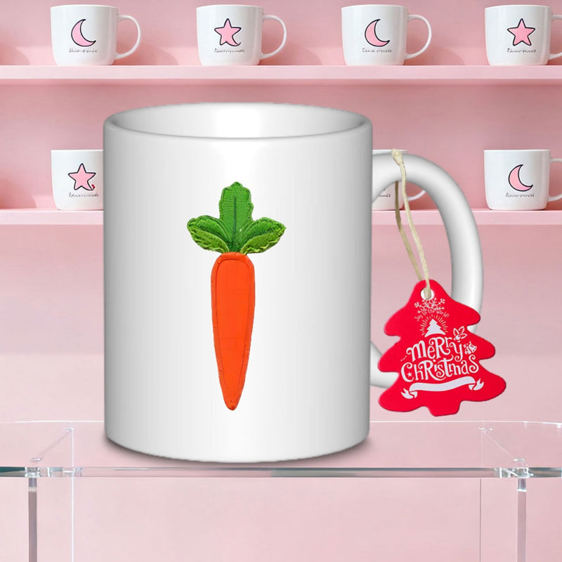 Tailorly White Ceramic 11 oz Mug - Merry Christmas Vibrant Orange Root With Fresh Green Leaves Carrot