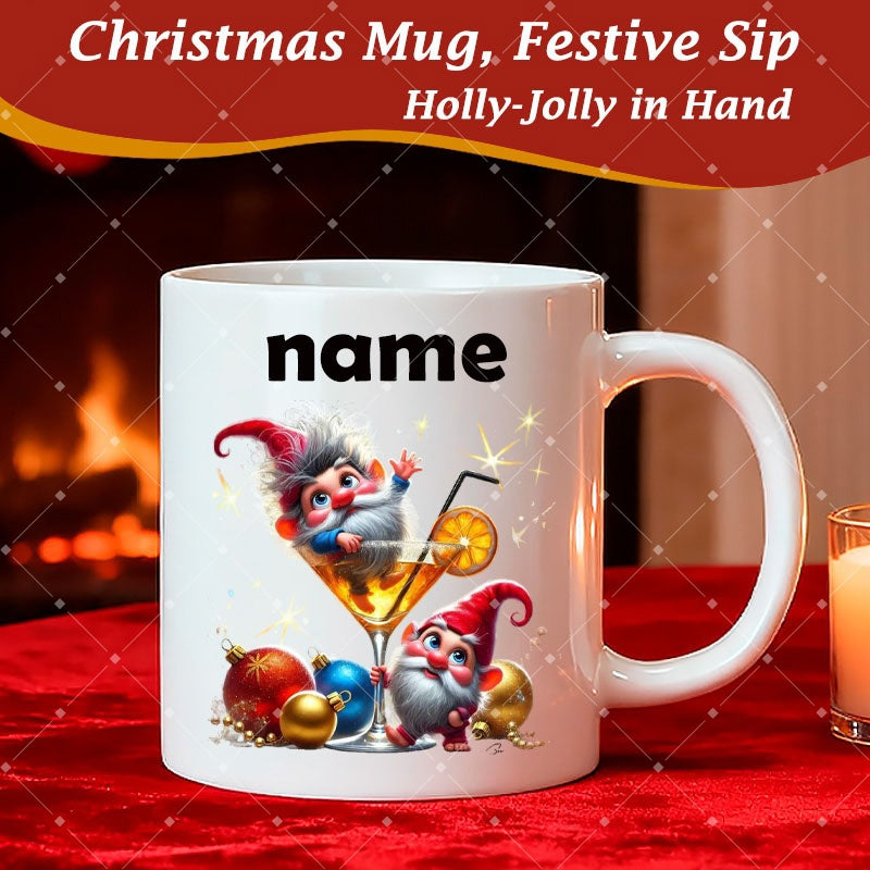Tailorly White Ceramic 11 oz Mug - Christmas Mug Festive Sip Holly Jolly In Hand Name Gnomes Resting In Cocktail Glass Decorated With Colorful Christmas Ornaments