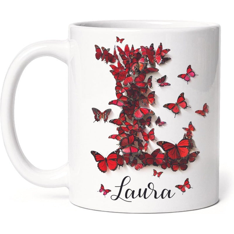 Tailorly White Ceramic 11 oz Mug - Laura Vibrant Red Butterflies Swarming To Form A Large Decorative Capital Letter Butterfly
