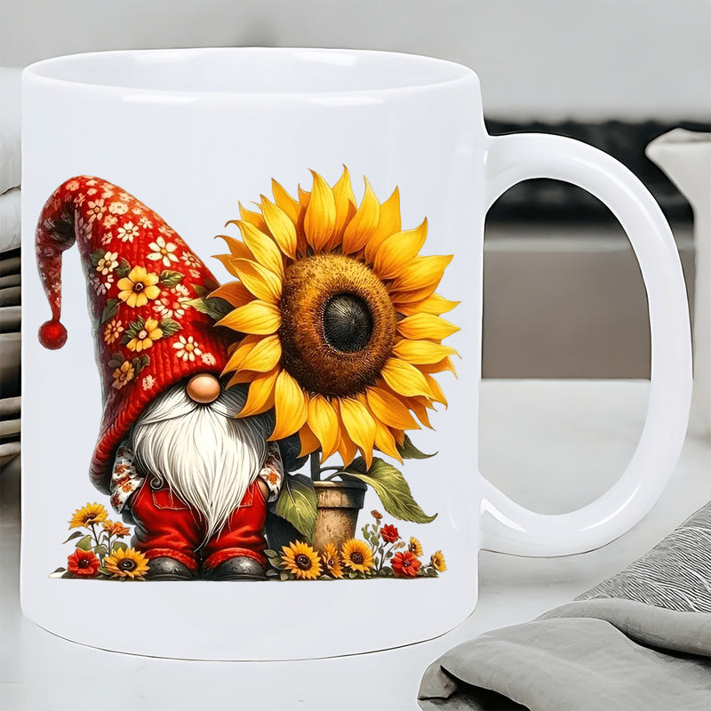 Tailorly White Ceramic 11 oz Mug - Charming Garden Scene With Large Sunflower Beside A Red Floral Hat Gnome