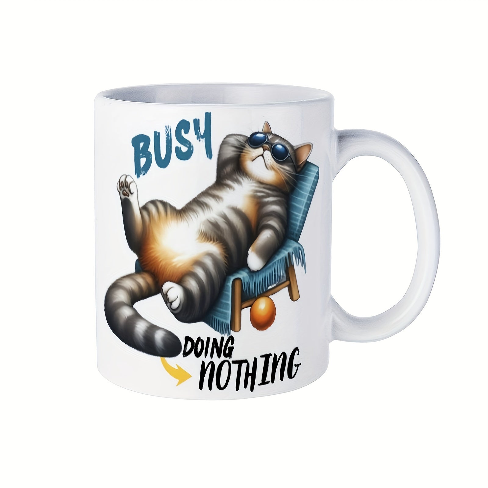 Tailorly White Ceramic 11 oz Mug - Busy Doing Nothing Relaxed Tabby Cat Wearing Sunglasses Lounging On A Blue Beach Chair Cat