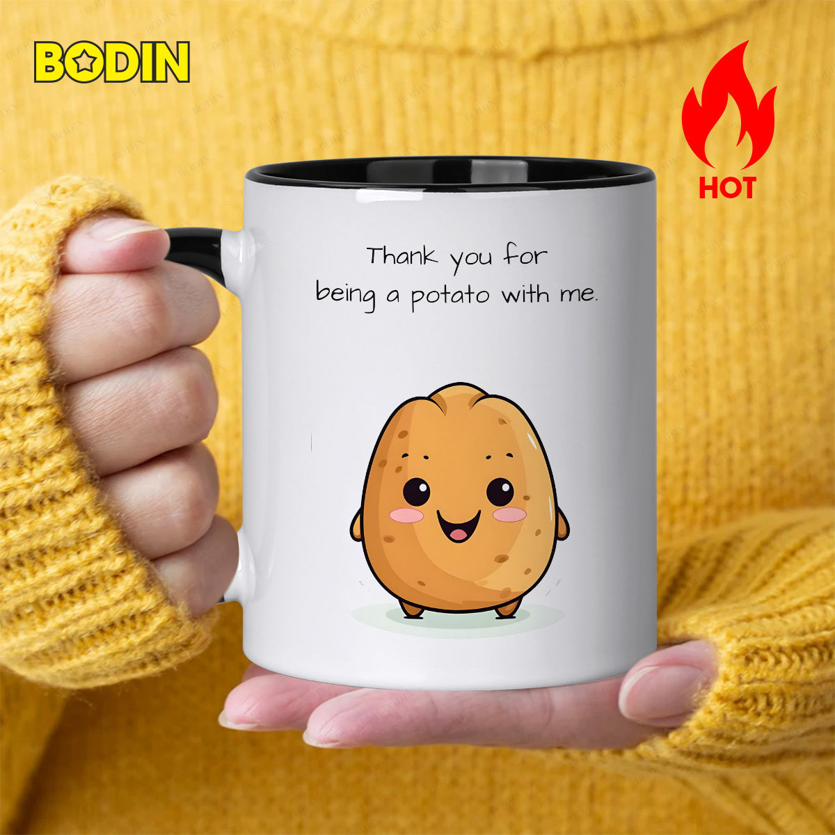 Tailorly Black Accent 11 oz Mug - funny potato with printed text "thank you for being a potato with me"
