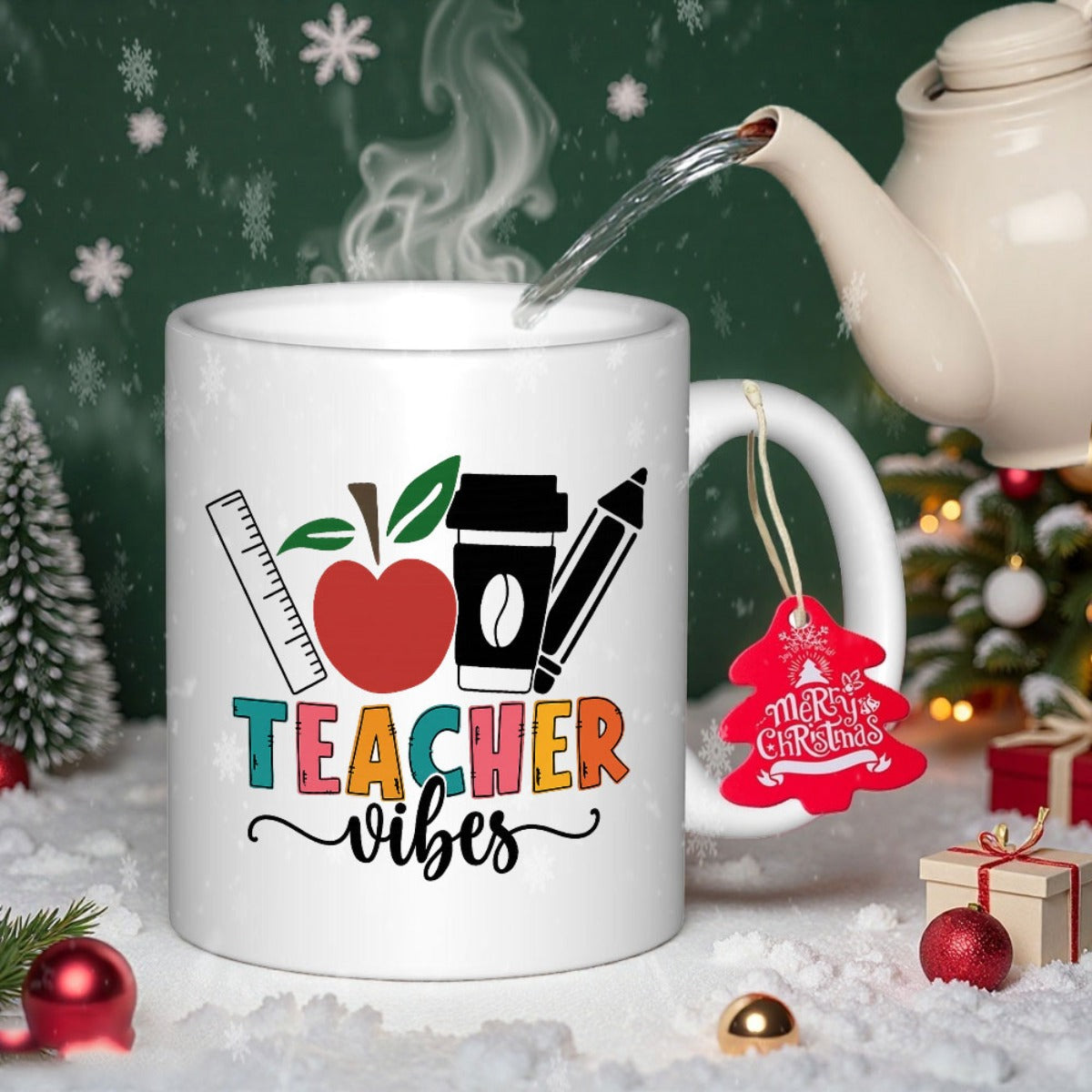 Tailorly White Ceramic 11 oz Mug - Teacher Vibes Vibrant School Elements Including Red Apple Ruler And Drawing Pencil Mug