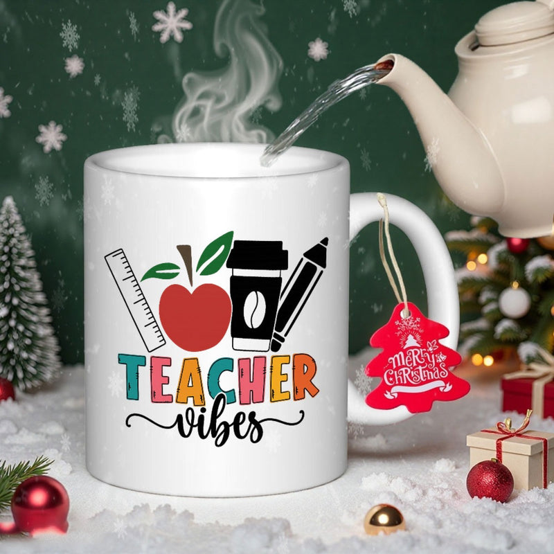 Tailorly White Ceramic 11 oz Mug - Teacher Vibes Vibrant School Elements Including Red Apple Ruler And Drawing Pencil Mug