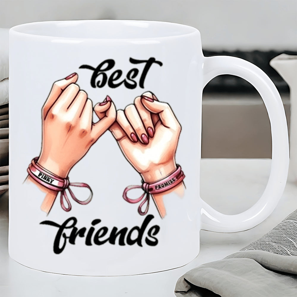 Tailorly White Ceramic 11 oz Mug - Best Friends Two Hands Making A Pinky Promise With Pink Ribbon Bracelets Hands