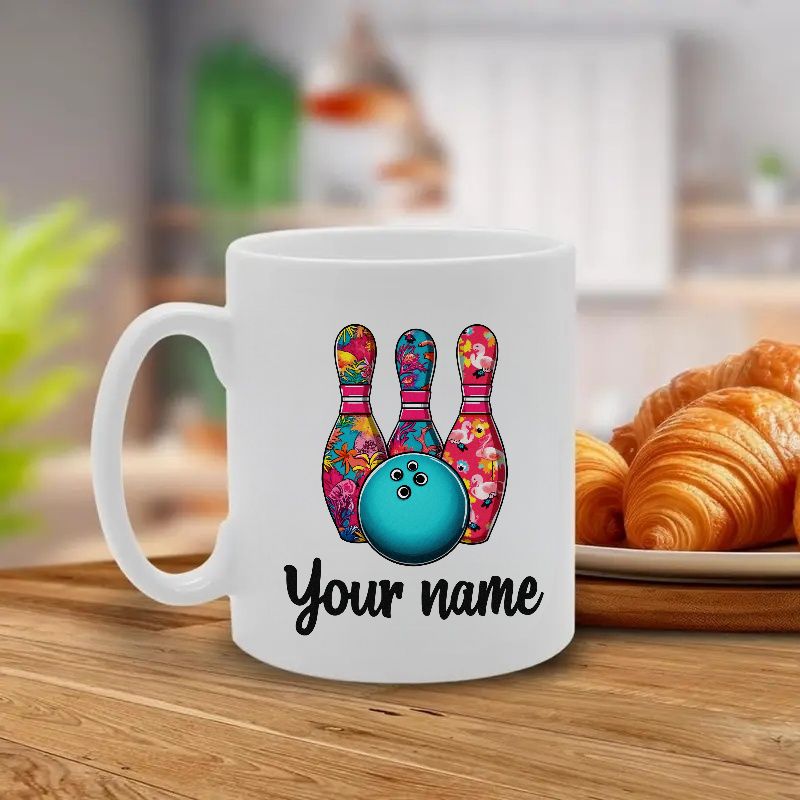Tailorly White Ceramic 11 oz Mug - Your Name Vibrant Floral Textured Pins Standing Behind A Polished Blue Bowling Ball