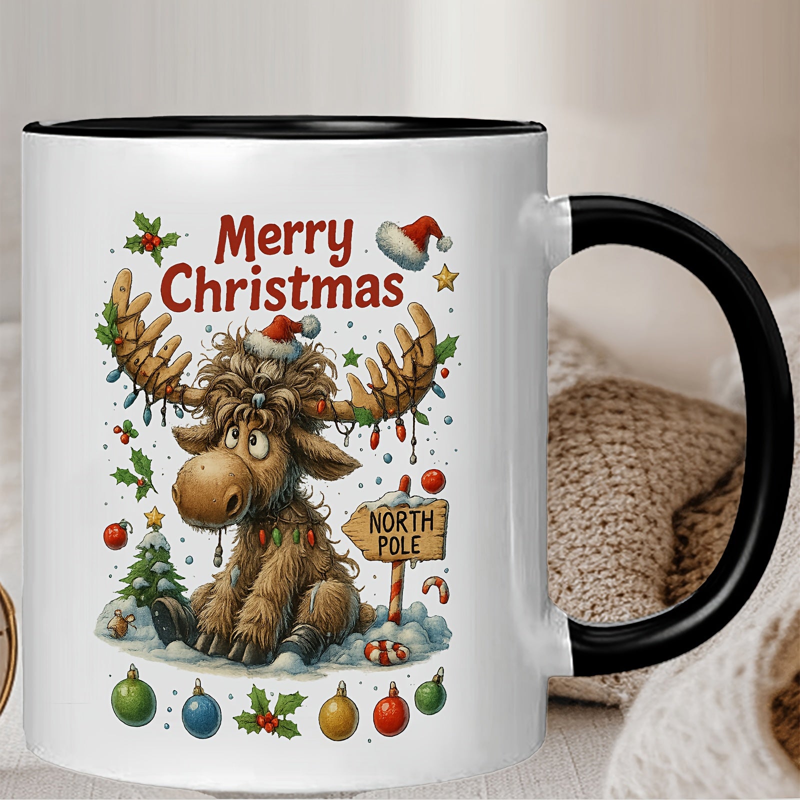 Tailorly Black Accent 11 oz Mug - santa hat holly design moose