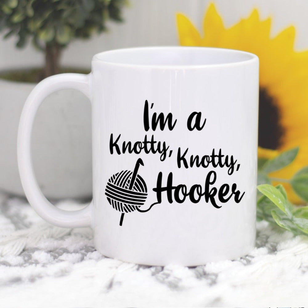 Tailorly White Ceramic 11 oz Mug - Im A Knotty Knotty Hooker Hand Drawn Black Yarn Ball Featuring A Single Metal Crochet Hook Yarn