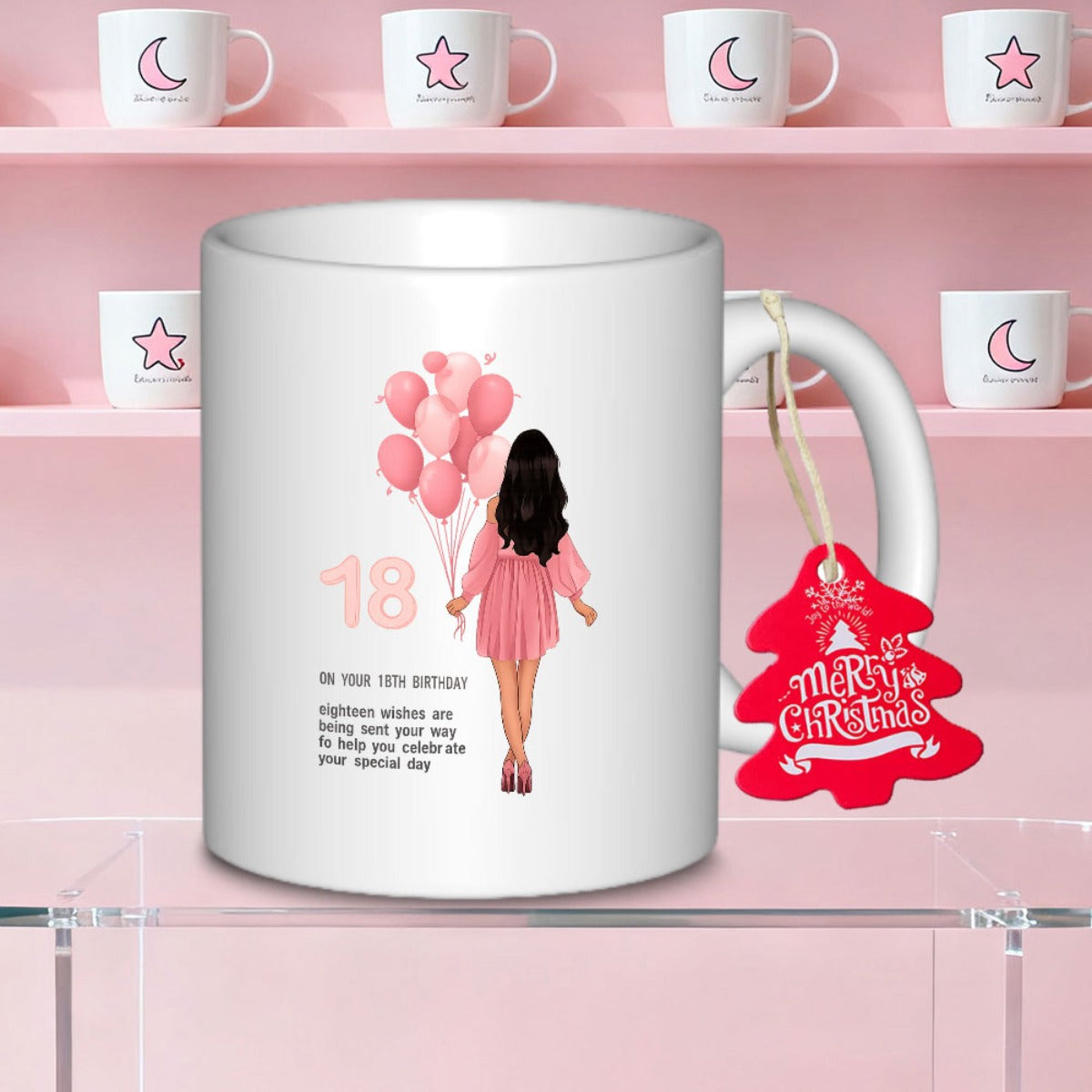 Tailorly White Ceramic 11 oz Mug - 18 Eighteen Wishes Are Being Sent Your Way To Help You Celebrate Your Special Day Elegant Young Woman In Pink Dress Holding A