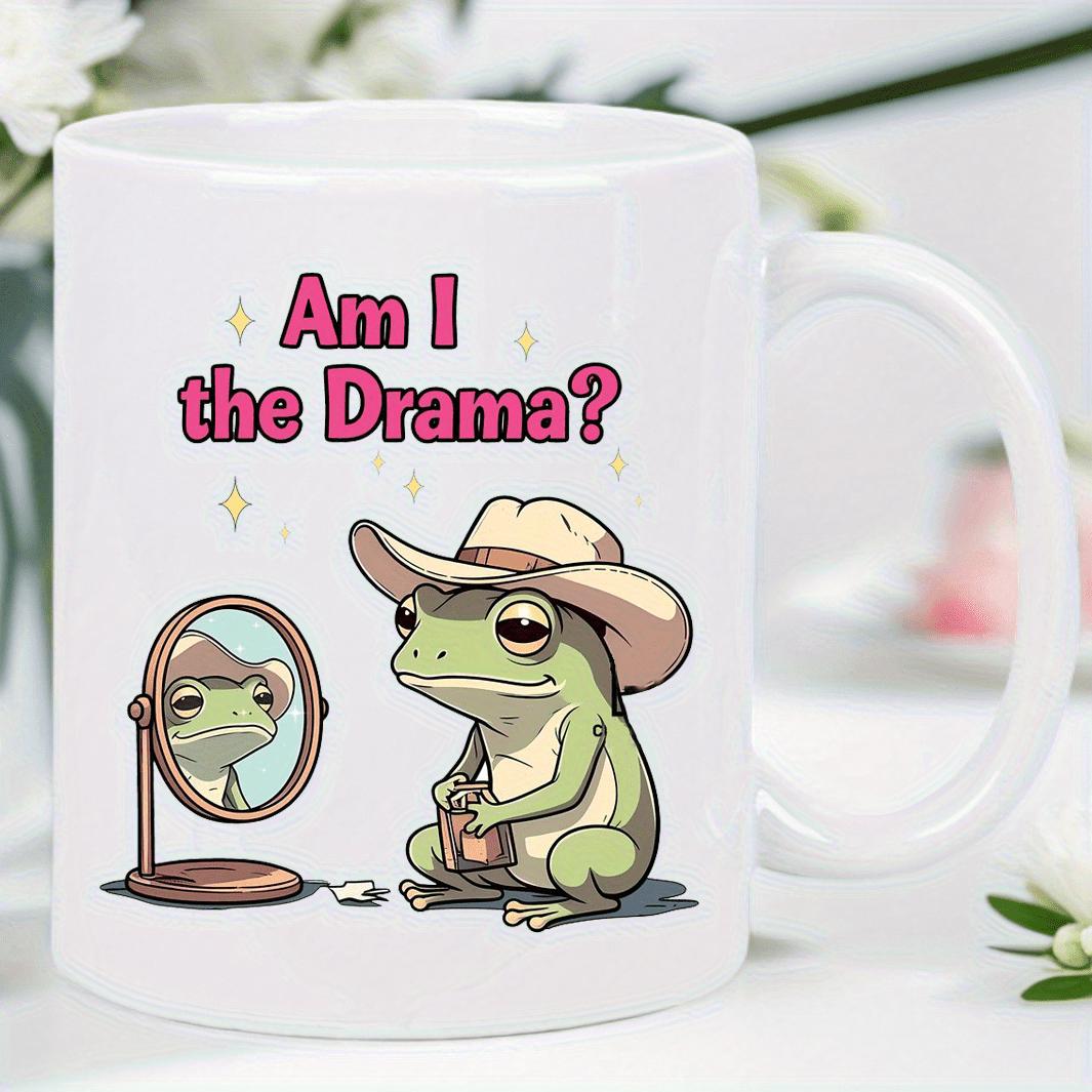 Tailorly White Ceramic 11 oz Mug - Am I The Drama Charming Green Cartoon Frog Wearing Cowboy Hat Looking Into Round Mirror Frog