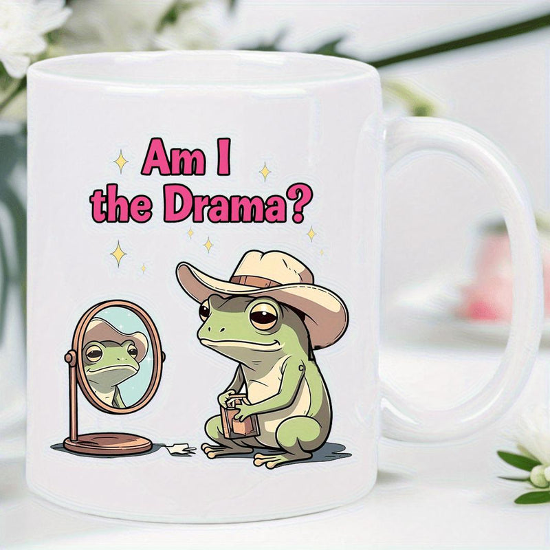 Tailorly White Ceramic 11 oz Mug - Am I The Drama Charming Green Cartoon Frog Wearing Cowboy Hat Looking Into Round Mirror Frog