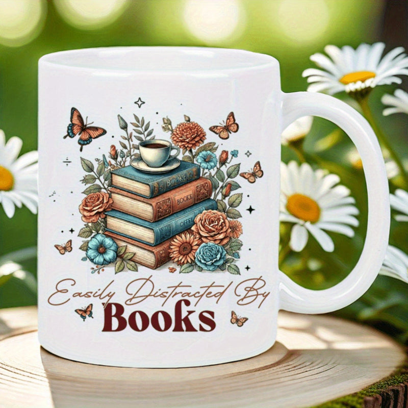 Tailorly White Ceramic 11 oz Mug - Easily Distracted By Books Vintage Stack Surrounded By Delicate Flowers And Flying Butterflies Among Blossoms Books