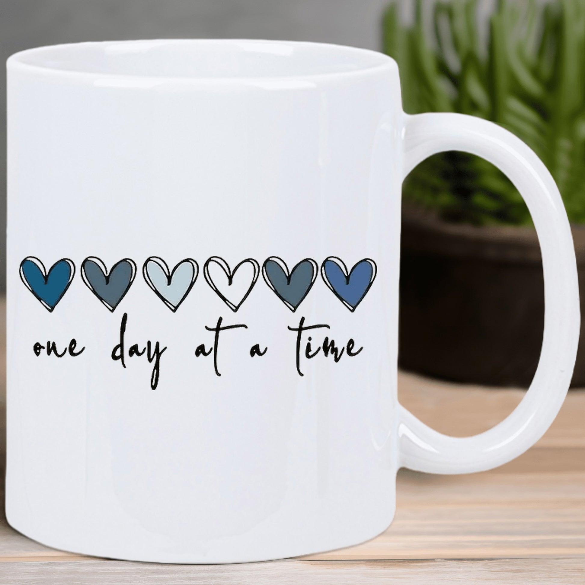 Tailorly White Ceramic 11 oz Mug - One Day At A Time Row Of Minimalist Hand Drawn Hearts In Blue Shades Heart