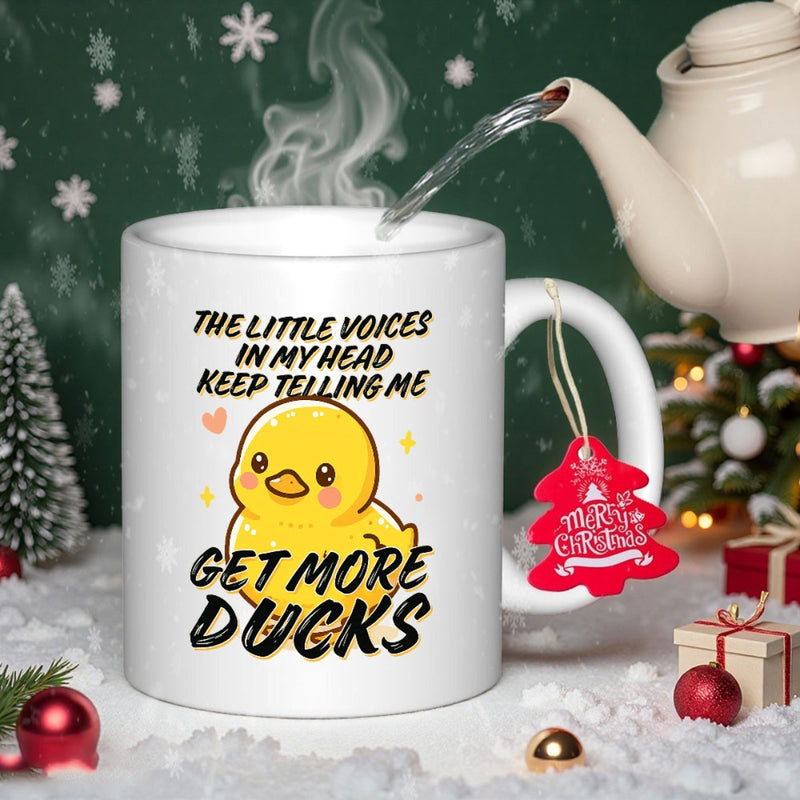 Tailorly White Ceramic 11 oz Mug - The Little Voices In My Head Keep Telling Me Get More Ducks Adorable Yellow Cartoon Bird Sitting On Soft Snowy Ground Under