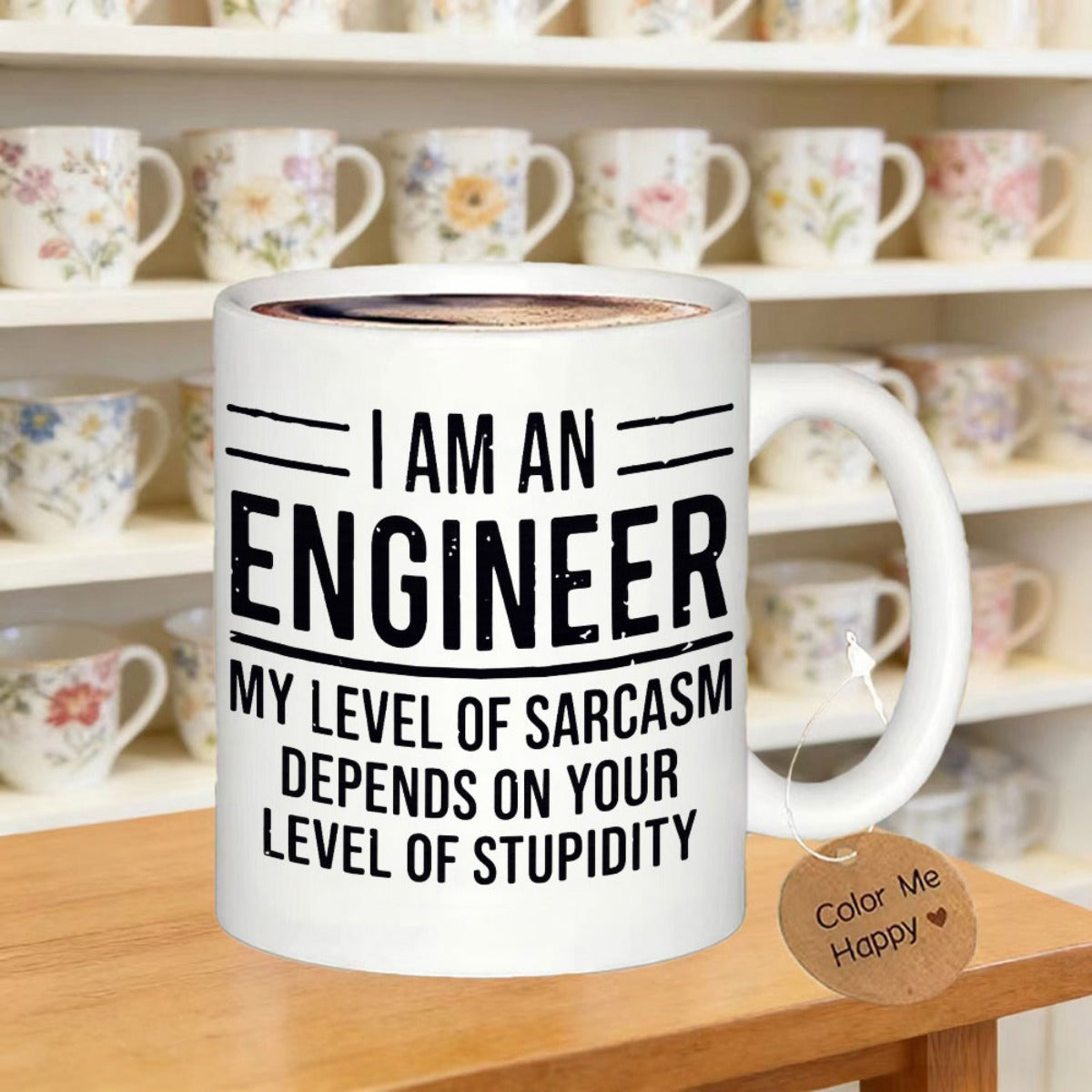Tailorly White Ceramic 11 oz Mug - I Am An Engineer My Level Of Sarcasm Depends On Your Level Of Stupidity Clean With Bold Black Text And Distressed Lines Mug