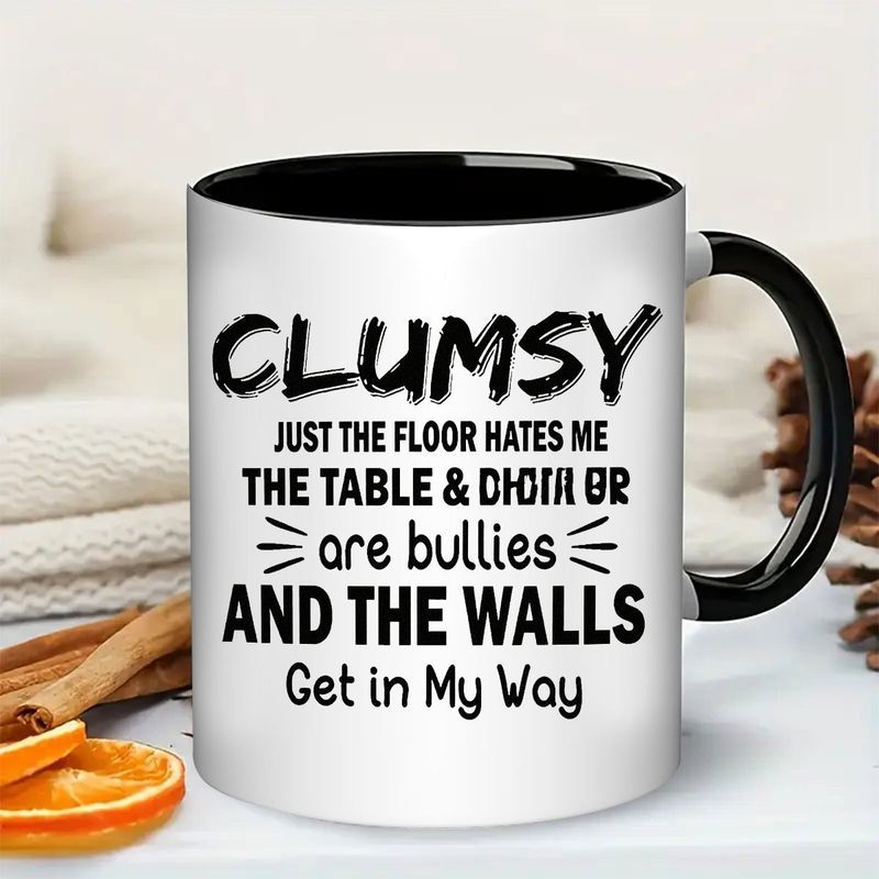 Tailorly Black Accent 11 oz Mug - sarcastic coffee cup with just the floor hates me table chair and the walls get in