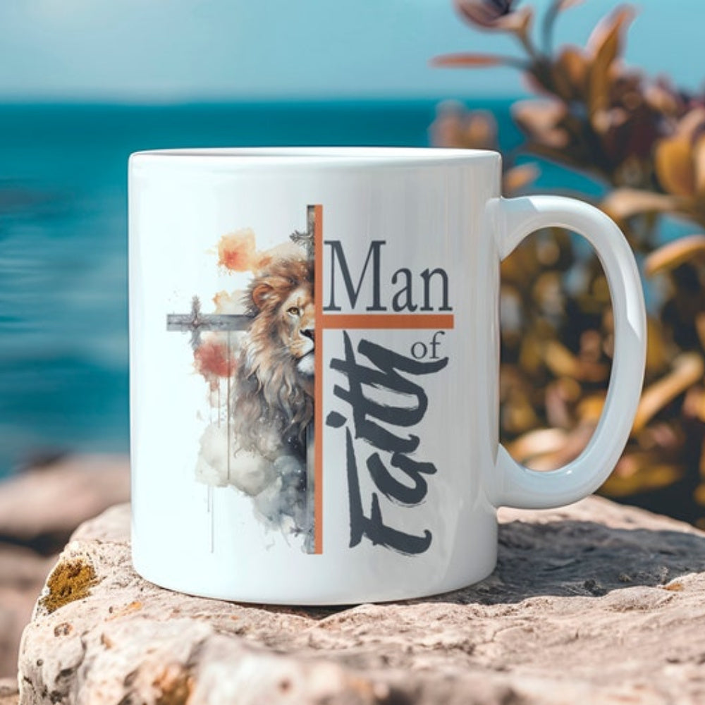 Tailorly White Ceramic 11 oz Mug - Man Of Faith Majestic Artistic Watercolor Mane Detailed Face With Cross Symbols Lion