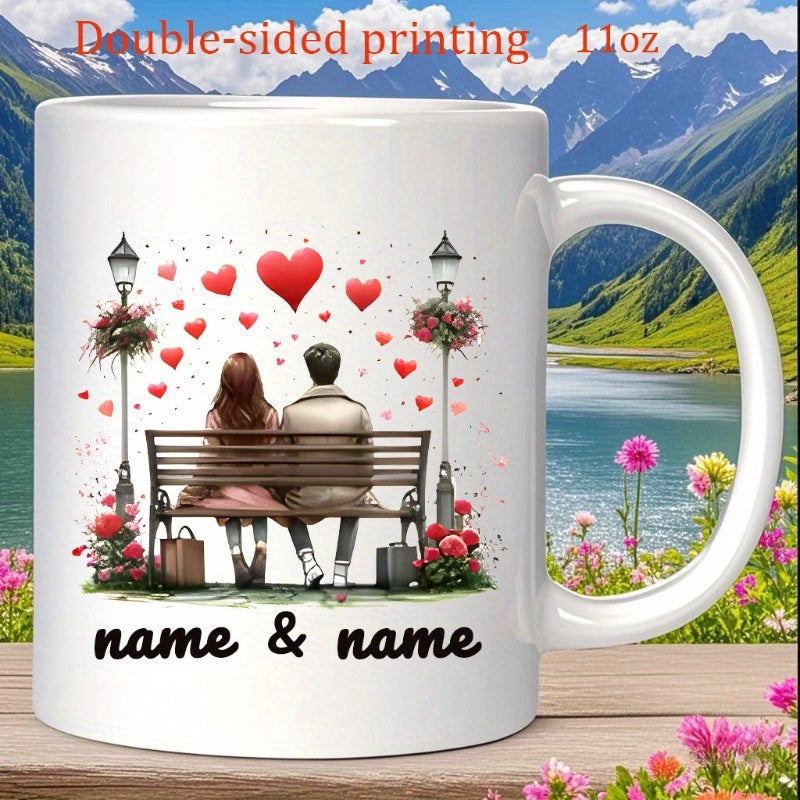 Tailorly White Ceramic 11 oz Mug - Name Name Romantic Scenic Park Bench With Red Floating Hearts Couple